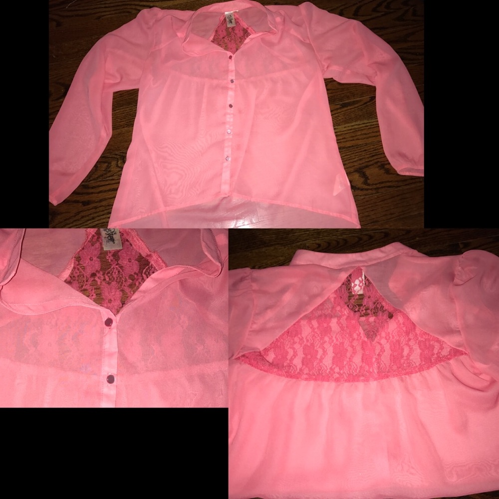 Coral chiffon button down shirt with lace back