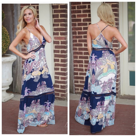 Navy paisley mix print v-neck spaghetti strap maxi - Picture 2 of 2