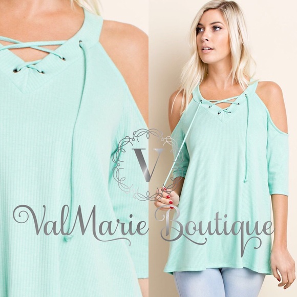 MINT Cold Shoulder Lace Up Top - Picture 2 of 4