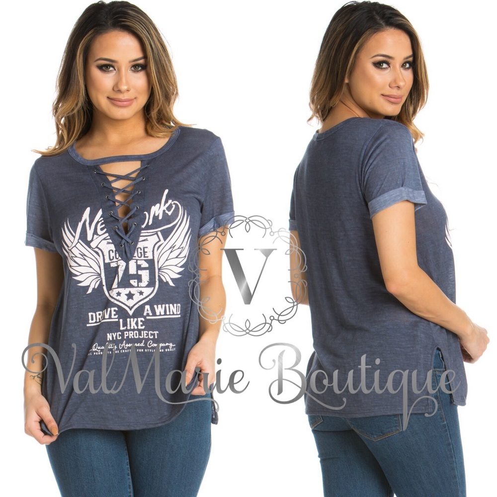 DENIM BLUE COLOR LACE UP TSHIRT - Picture 3 of 3