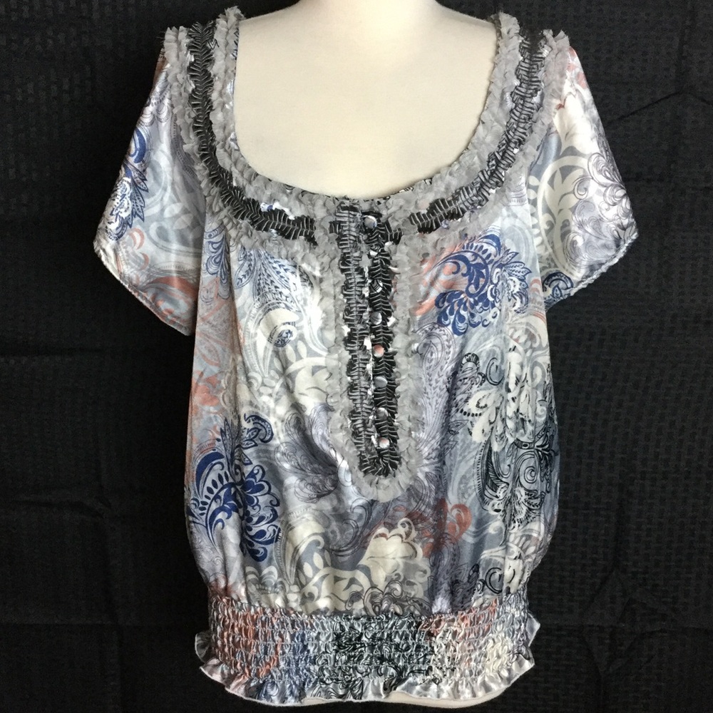 American Rag 3/4"Button Up Boat Neck Floral Blouse