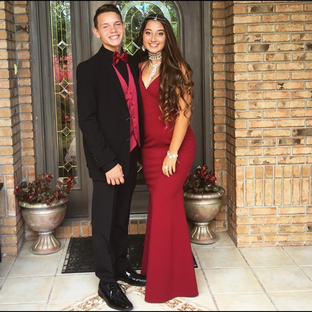 Wine colored v neck backless prom girl dress