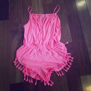 Neon Coral Bathing Suit Romper Cover Up