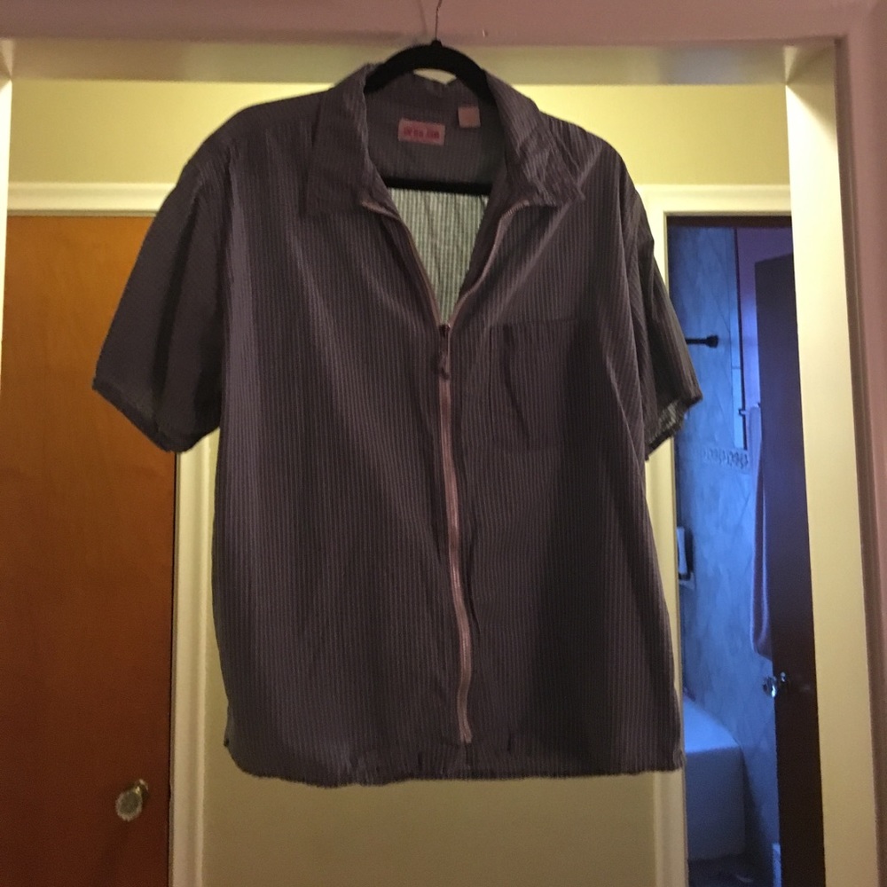 Short sleeve blue and white checkered shirt.