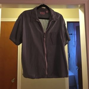 Short sleeve blue and white checkered shirt.