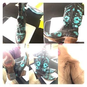 Corral Boots, Black/Brown and Turquoise Inlay, 8.5