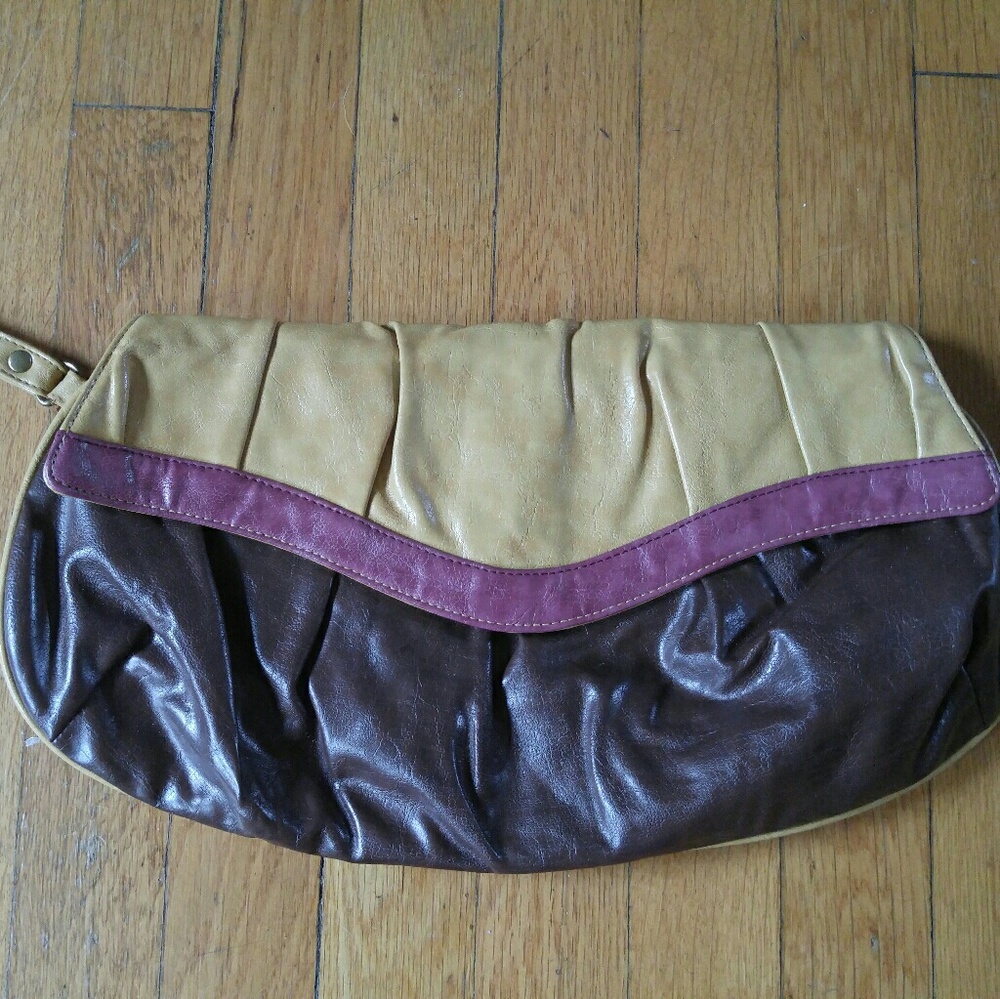 Casual clutch purse, brown/mustard w/mauve stripe
