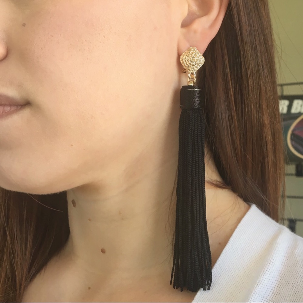 Sold! Black and gold tassel shoulder sweeper earri - Picture 2 of 2