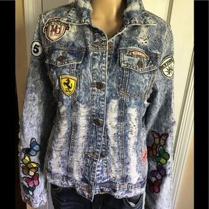 Patched & distressed denim jacket