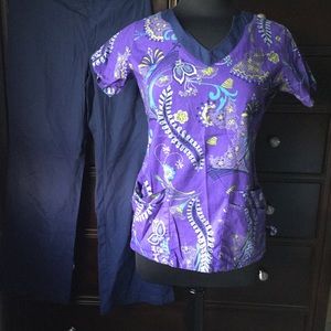 Purple and blue butterfly scrub top with pants