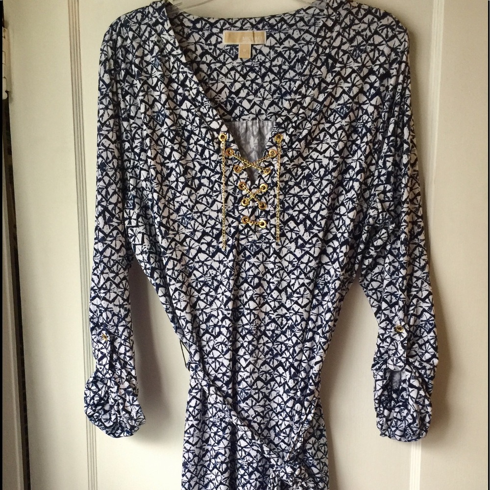 Michael Kors Chain Tie Shirt Dress - Navy/White