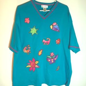 Adorable turquoise top with bright appliqués 2X