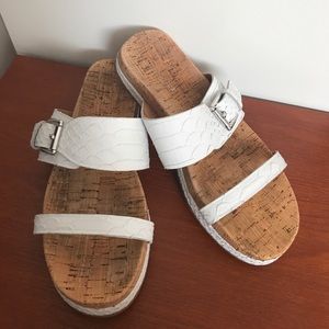 Semi-Worn Croc Textured Cork Coach Sandals