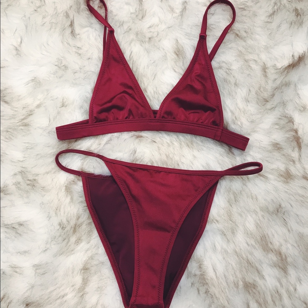 •SOLD• Red Satin Skinny Triangle Bikini