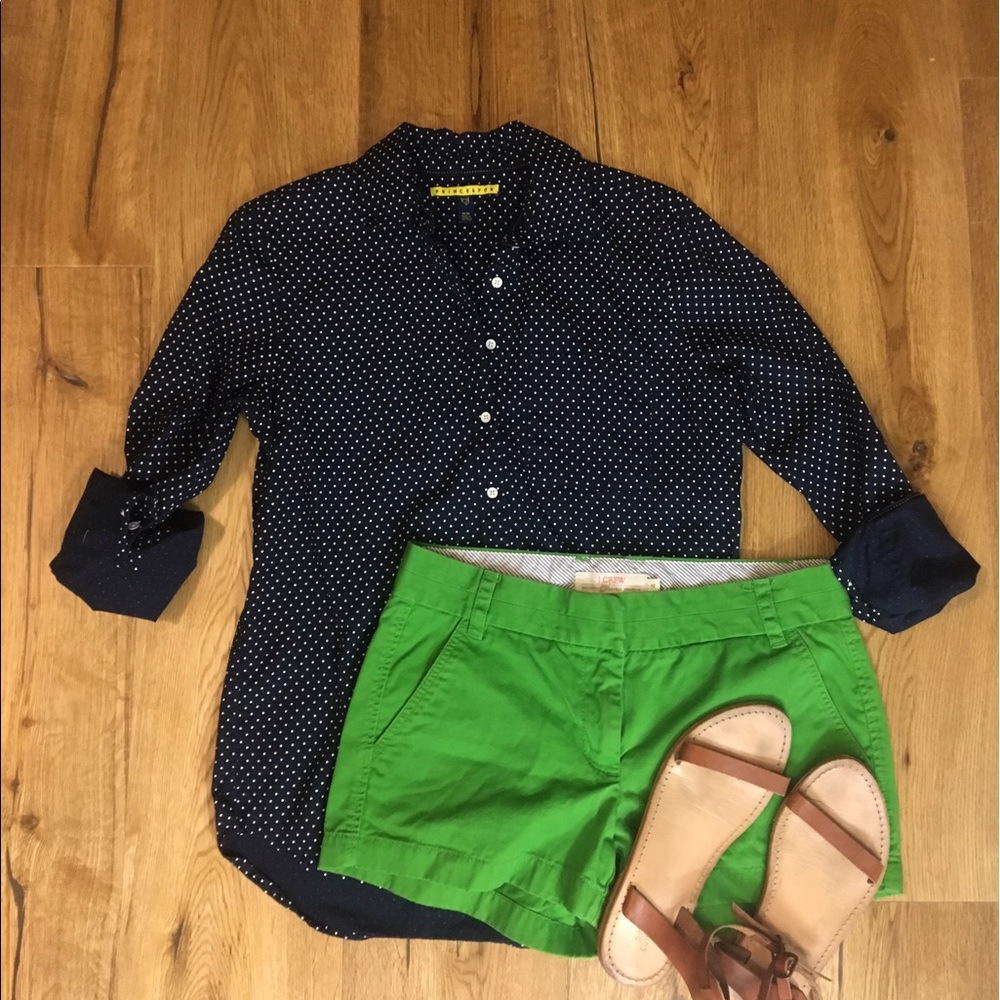 EUC navy polka dot button down.