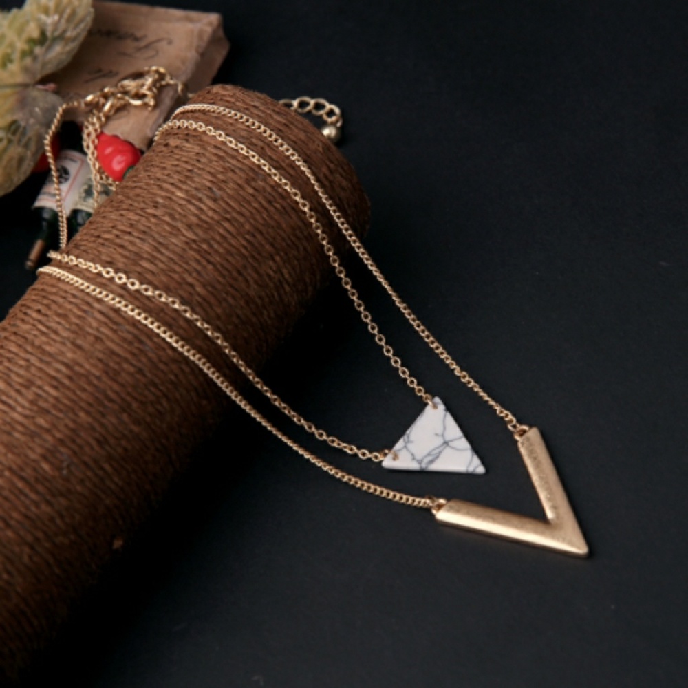 New!! Triangle Stone Double Layer Gold Necklace - Picture 3 of 8