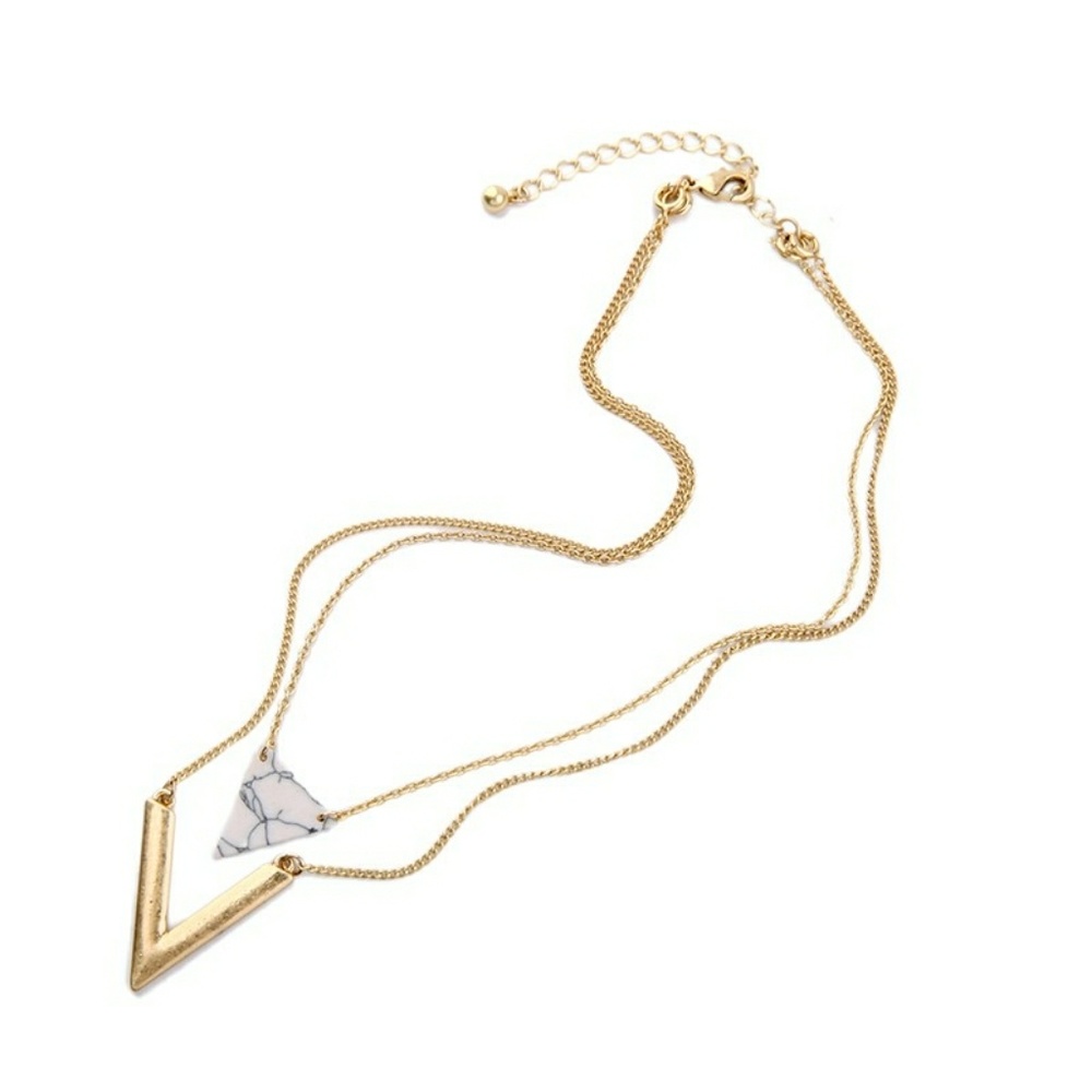 New!! Triangle Stone Double Layer Gold Necklace - Picture 4 of 8