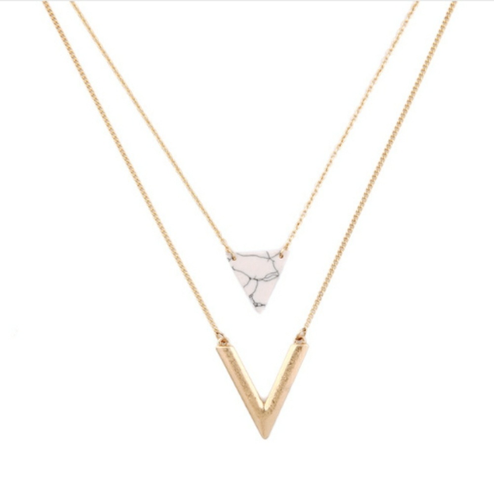New!! Triangle Stone Double Layer Gold Necklace - Picture 5 of 8