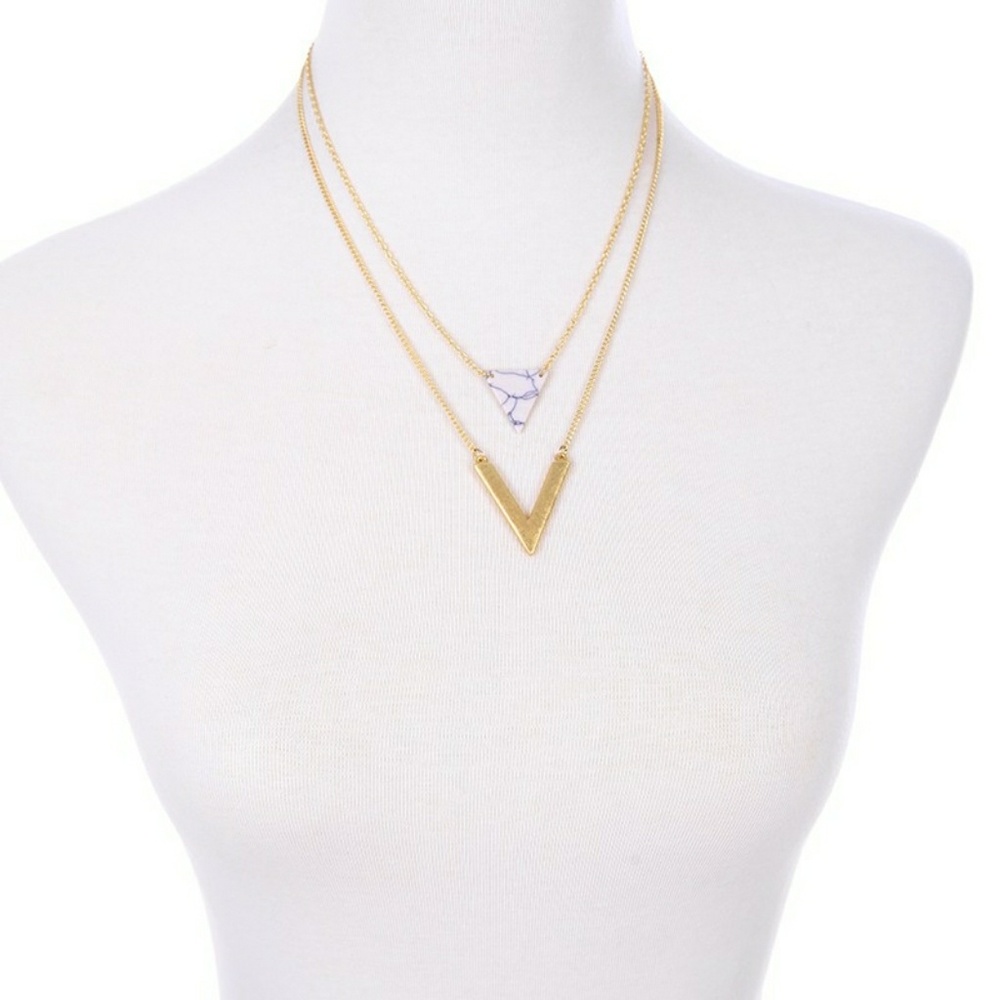 New!! Triangle Stone Double Layer Gold Necklace - Picture 6 of 8