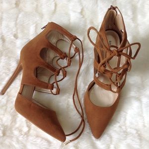 Suede Camel Lace Up Heels