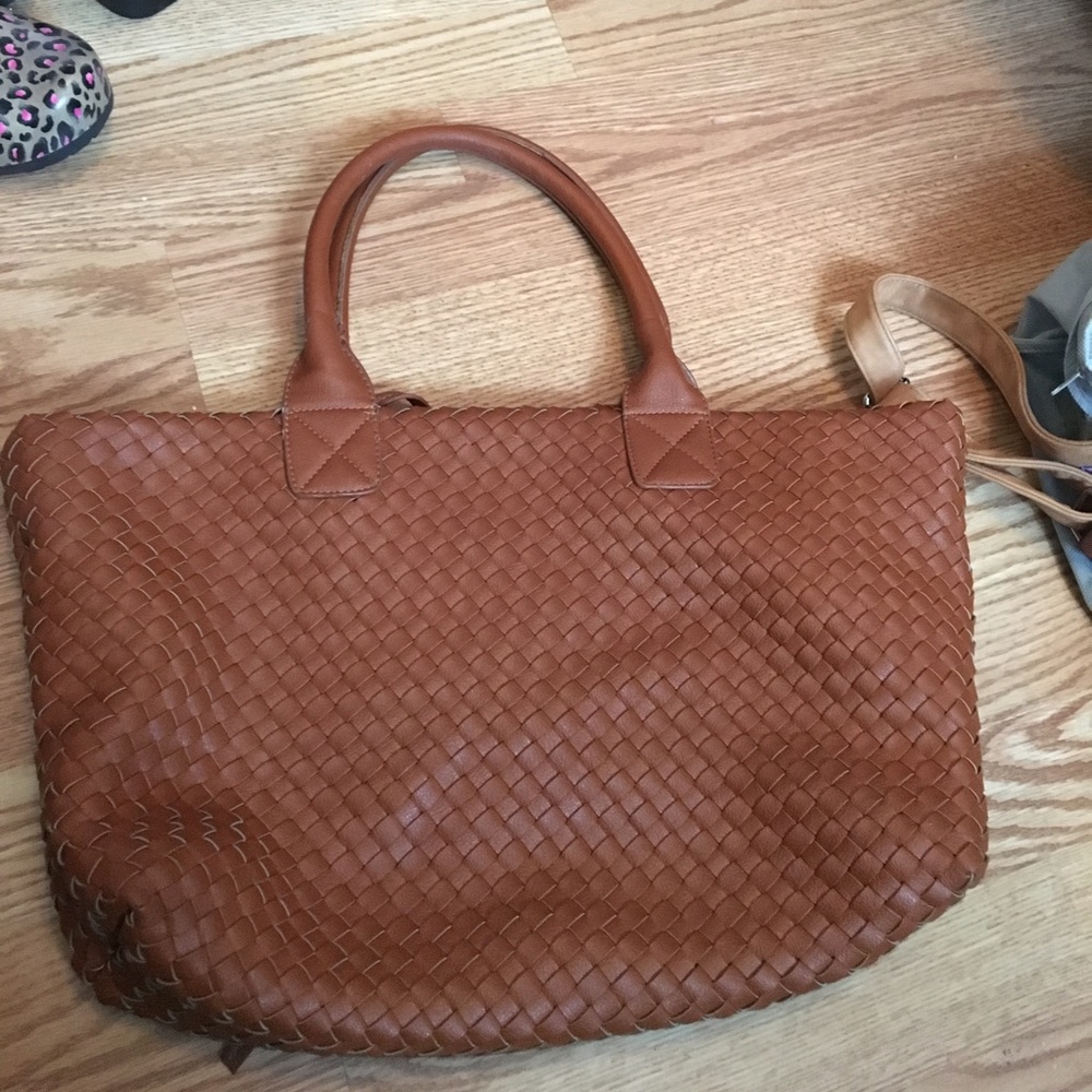 LARGE BROWN WOVEN LEATHER TOTE PURSE
