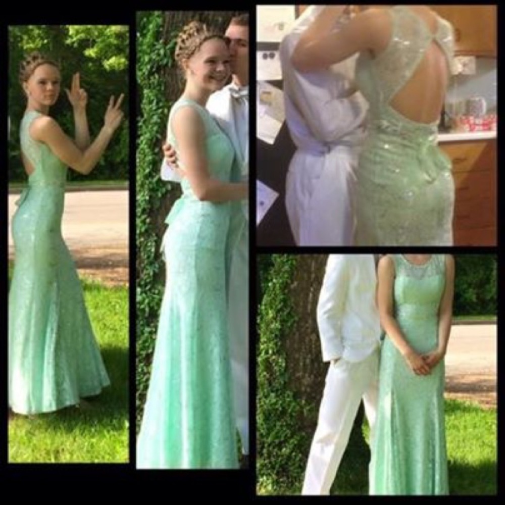 Mint green prom dress.