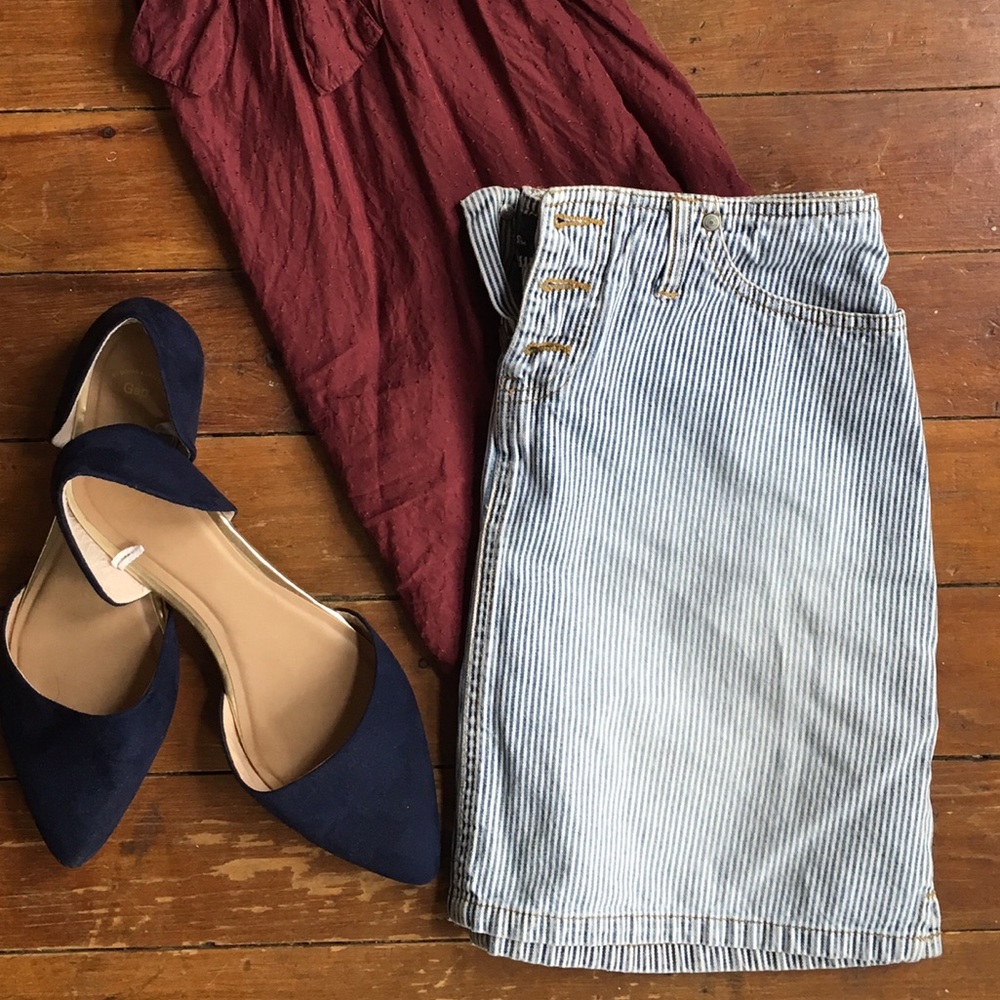 Blue and white pinstripe denim mini skirt