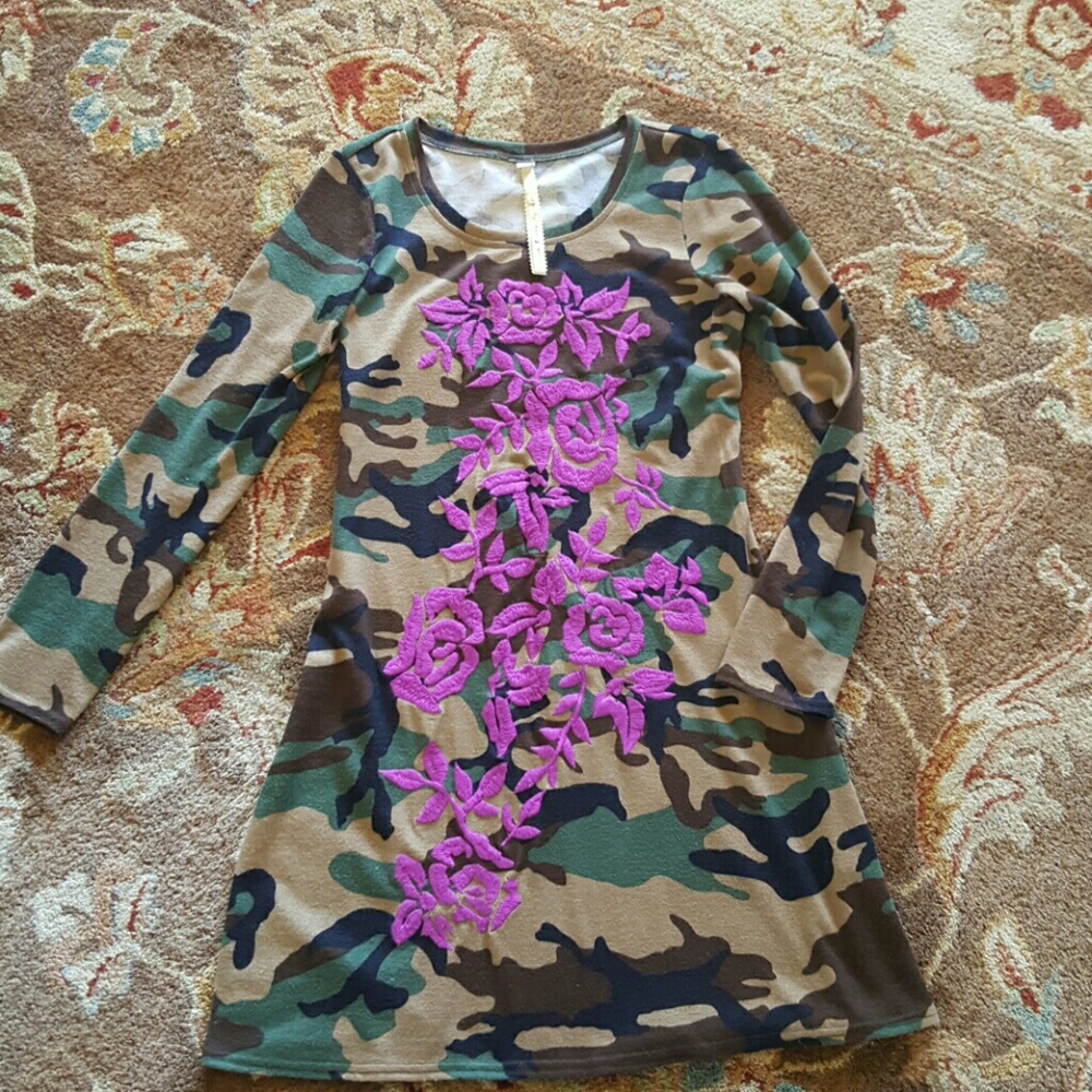 Camo dress with purple floral embroidery