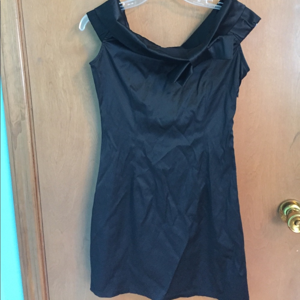 Black satin off the shoulder dress