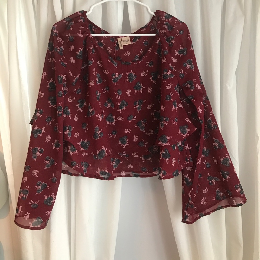 boho/bohemian red flowy shirt with floral detail