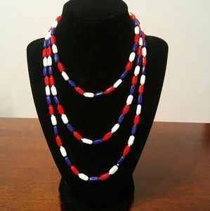 Red white and blue beaded long necklace vintage