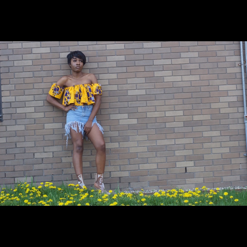 African print off the shoulder top.