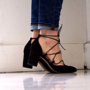 Intentionally Black Lace Up Black Suede Block Heel