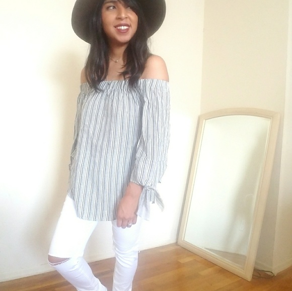 GRAY IVORY STRIPED OFF SHOULDER TOP - Picture 4 of 4