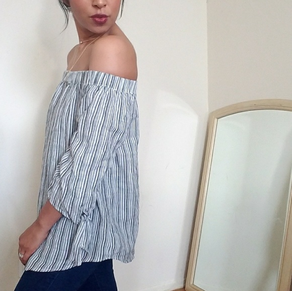 GRAY IVORY STRIPED OFF SHOULDER TOP - Picture 2 of 4