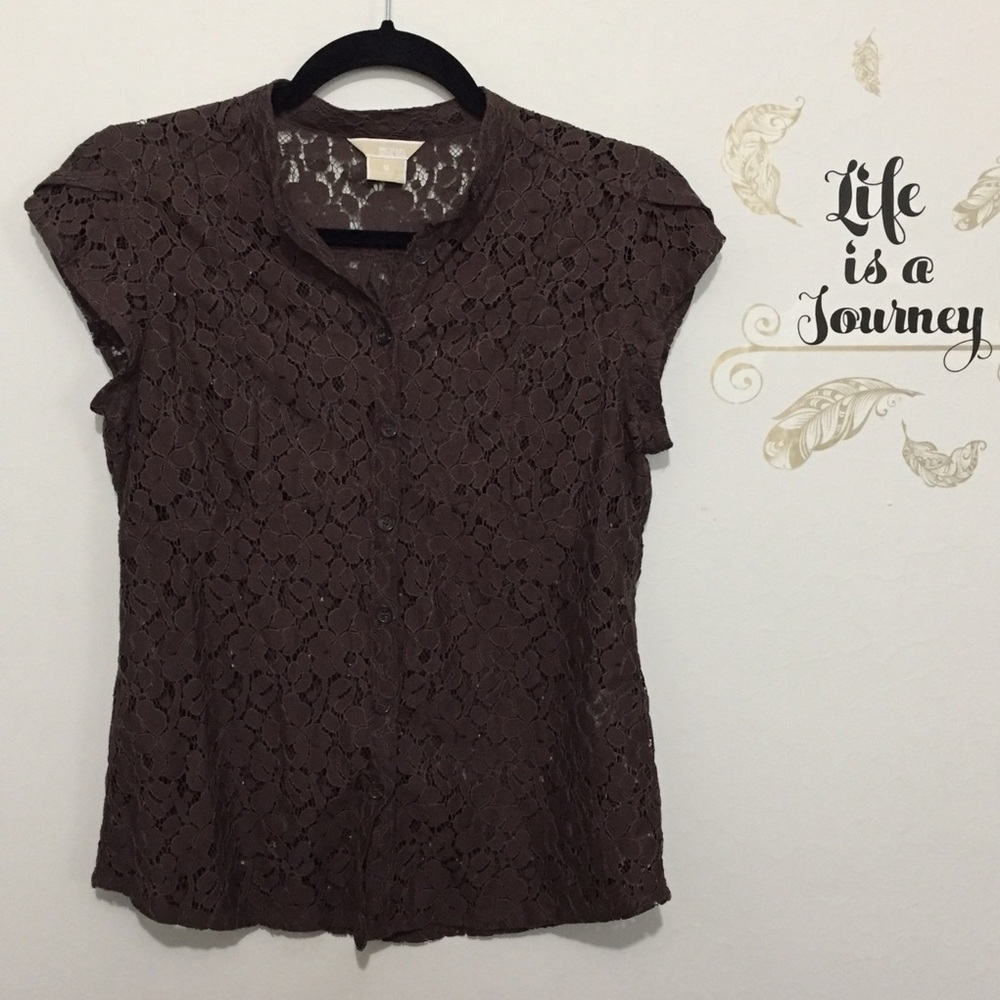 Michael Kors Brown Lace Short Sleeve Blouse