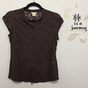 Michael Kors Brown Lace Short Sleeve Blouse