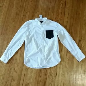 Men's White Button Down Shirt With Black Pocket