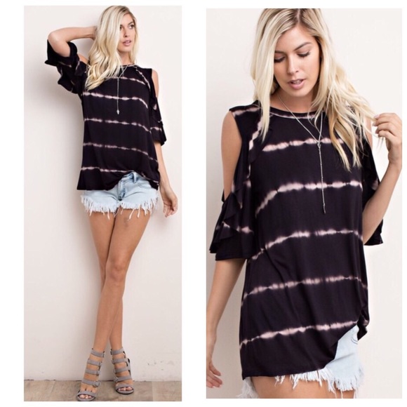Boutique Tops - Boho Black Tie Dye Cold Shoulder Tunic Top S M L