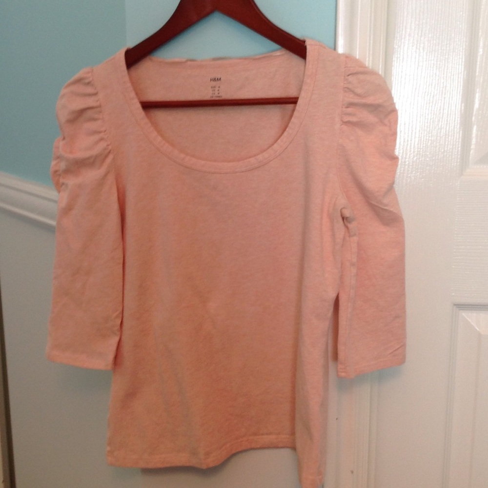 Peach 3/4 sleeve ruffle sleeve tee
