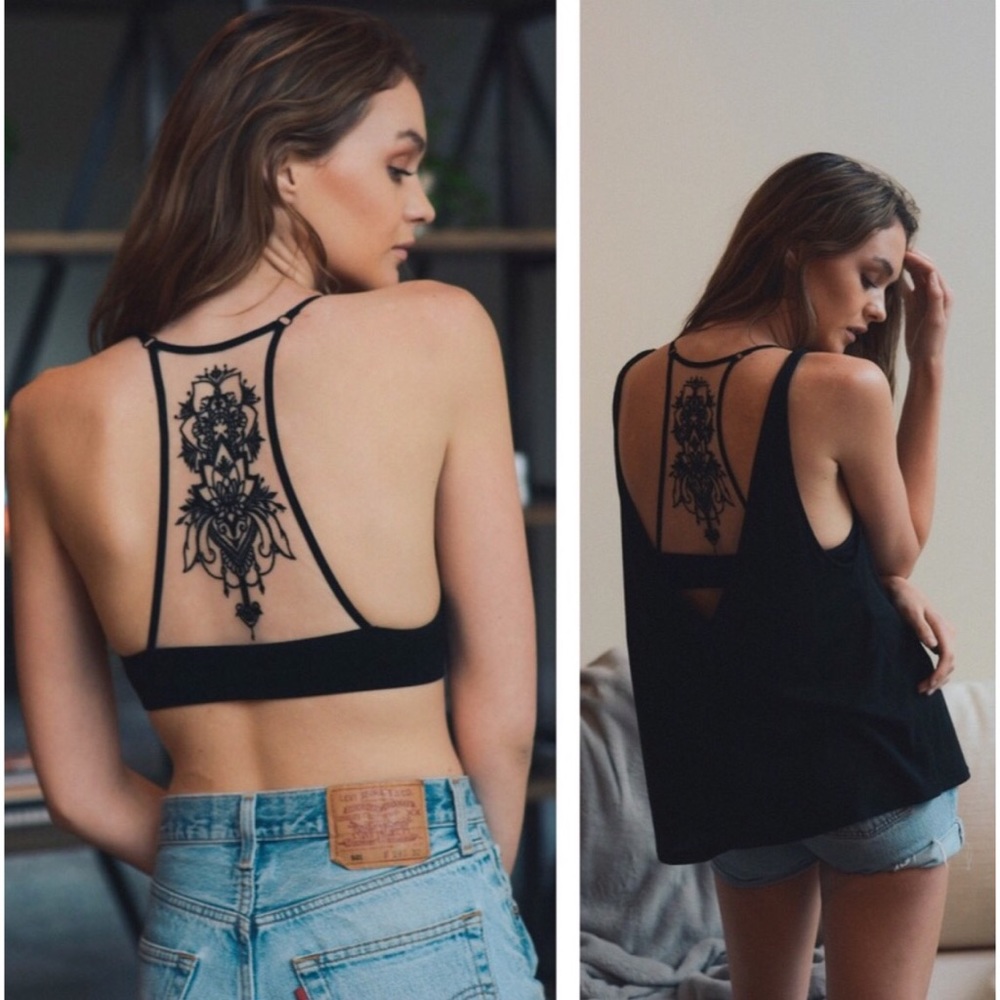 Bohemian Black Mesh Tattoo Racerback Bra XS/S M/L - Picture 4 of 6