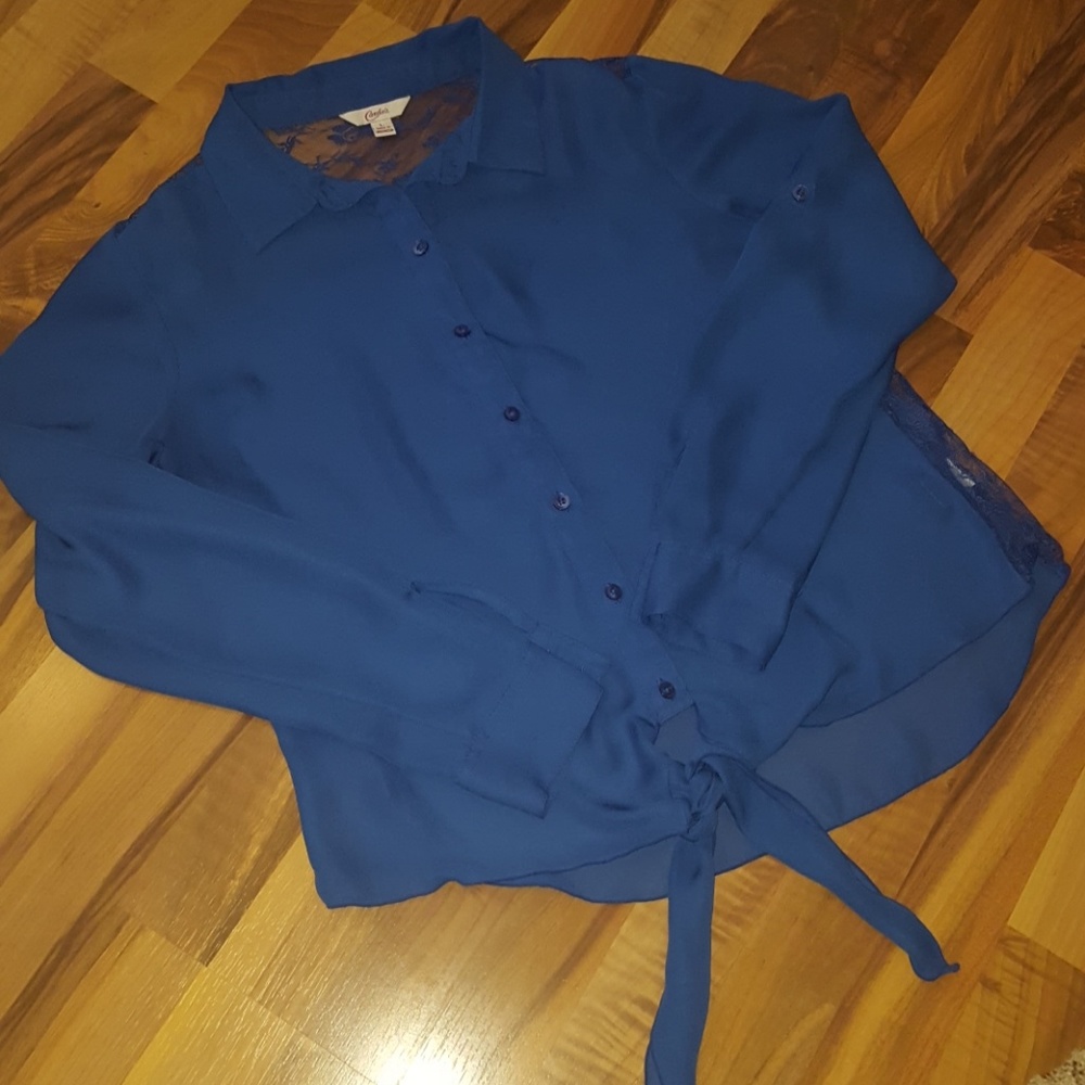 Candie's Royal Blue Tie Front Lace Accent Blouse