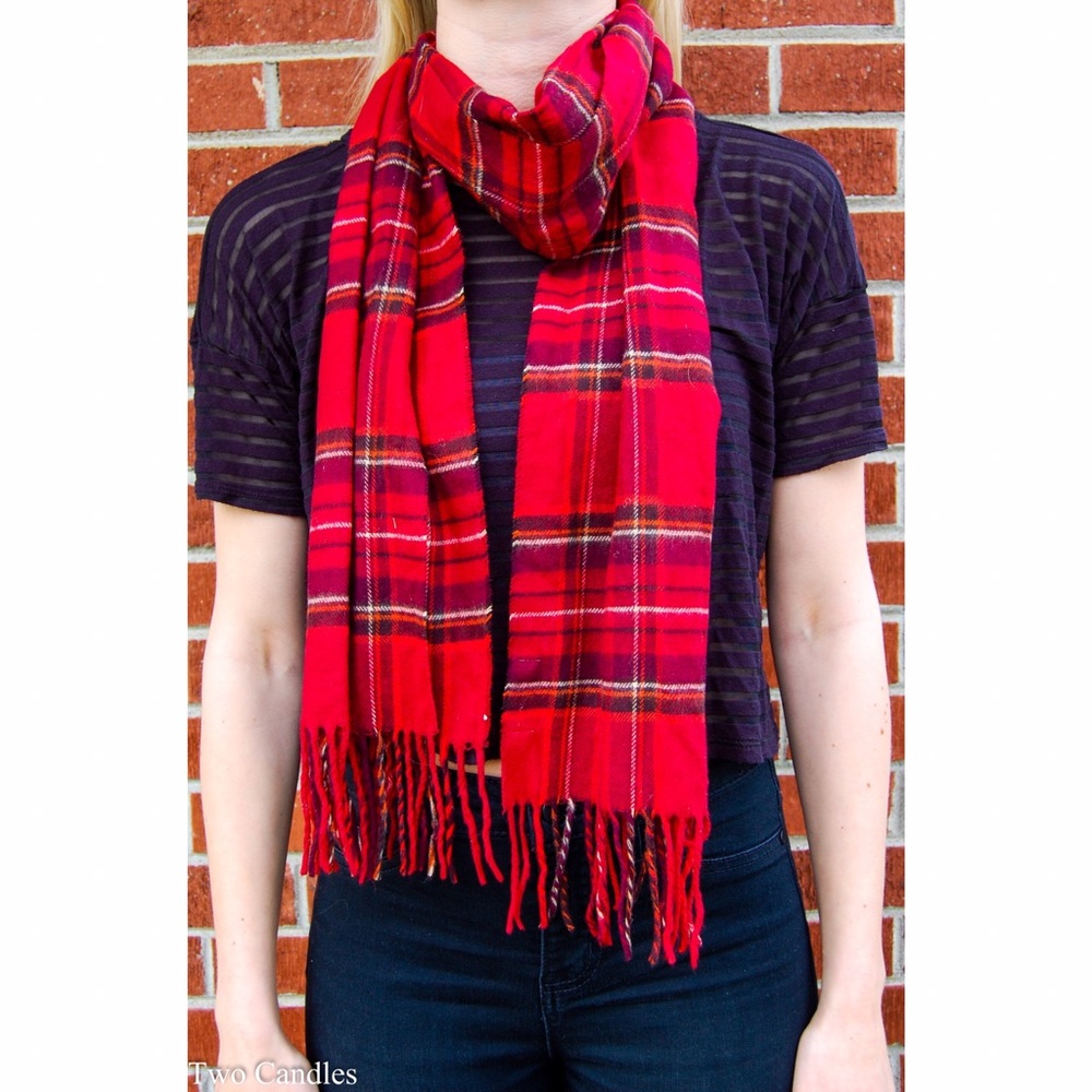 Women's red plaid flannel scarf