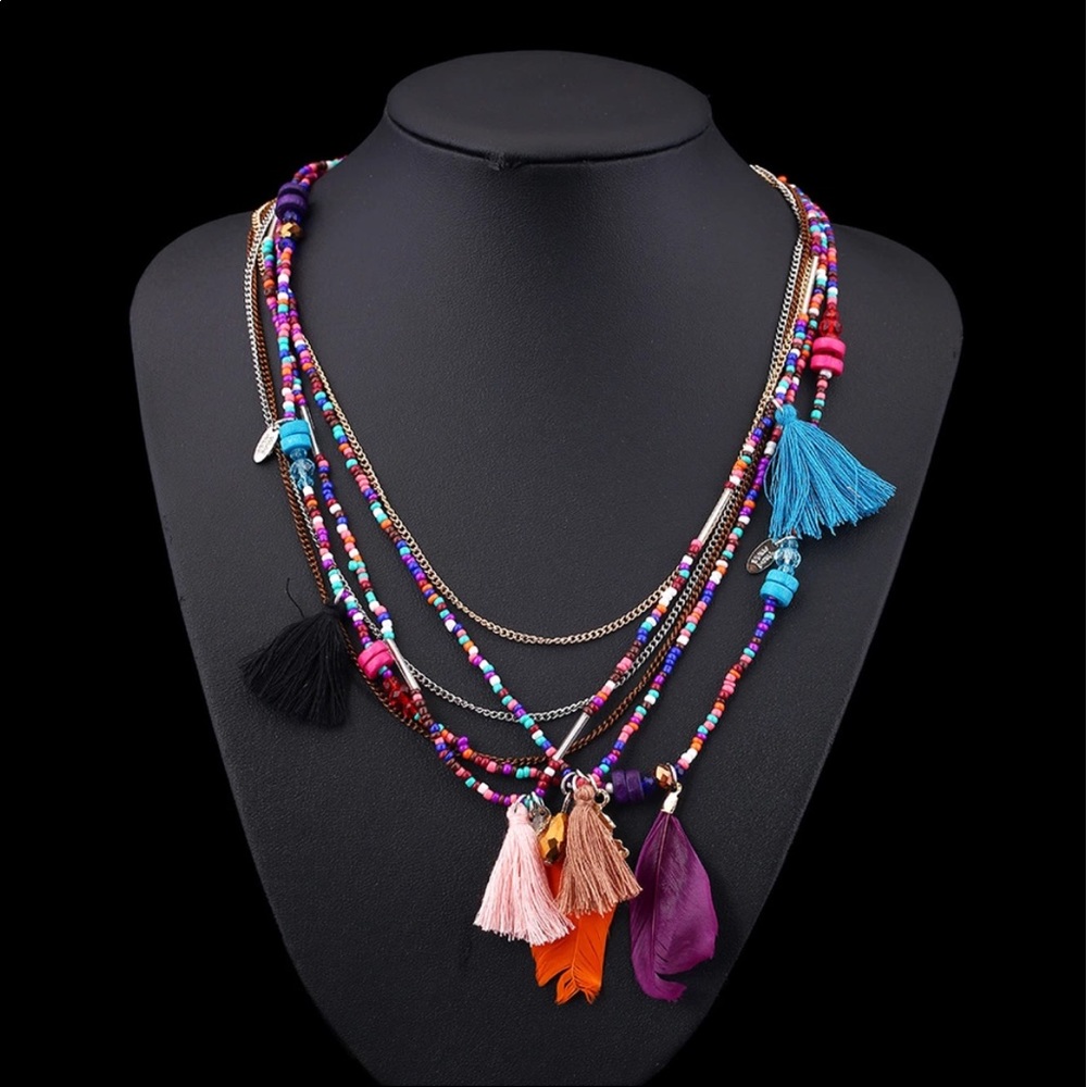 Multilayer Feather, Tassel, Bead & Charm Boho NWT - Picture 1 of 7