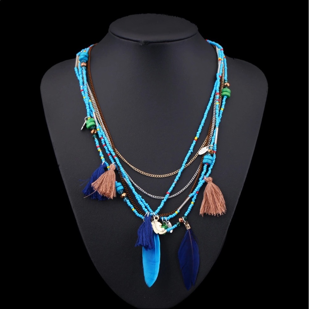 Multilayer Feather, Tassel, Bead & Charm Boho NWT - Picture 3 of 7