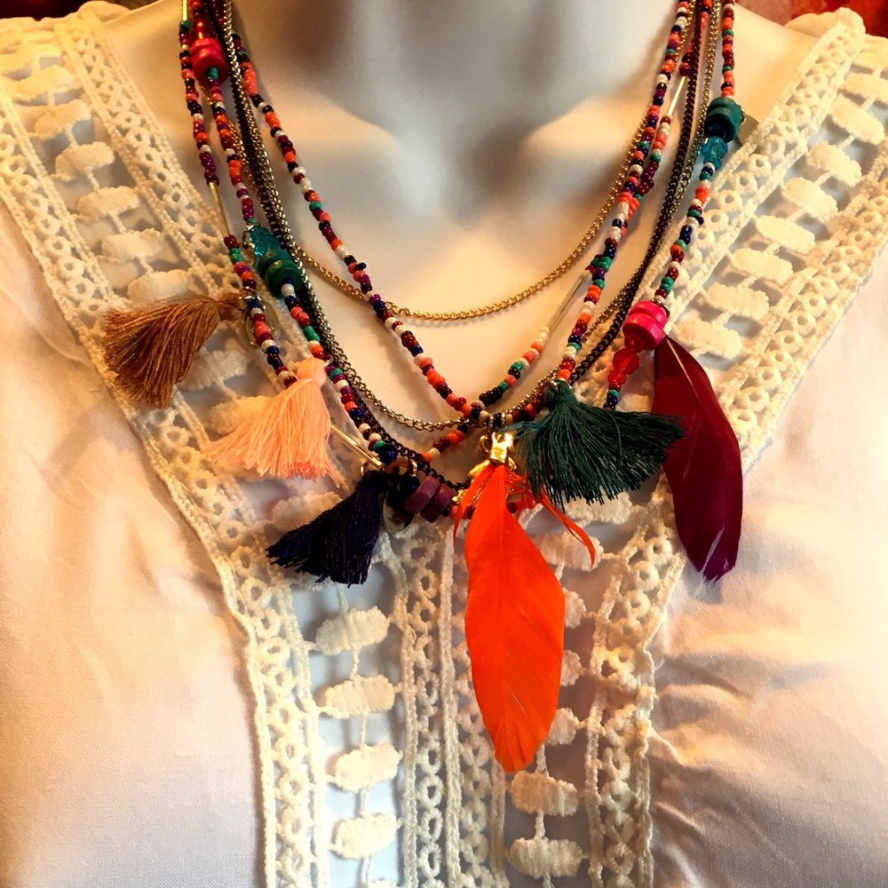 Multilayer Feather, Tassel, Bead & Charm Boho NWT - Picture 6 of 7