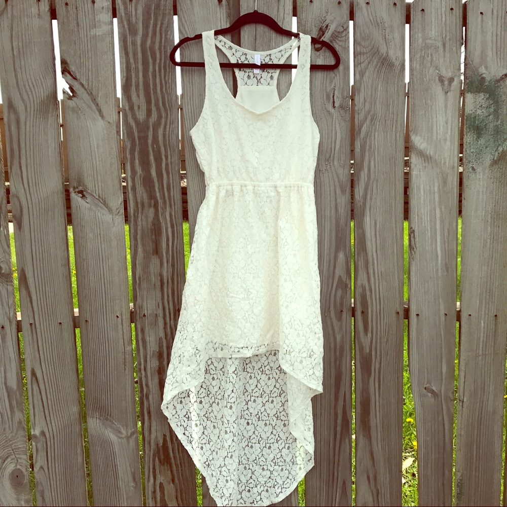 White lace high low dress.