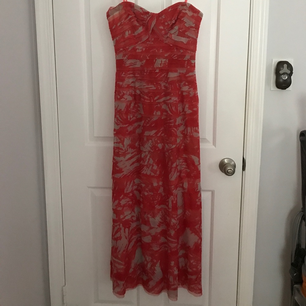 BCBGMaxazria coral/tan abstract print long dress.