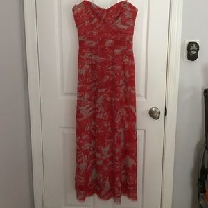 BCBGMaxazria coral/tan abstract print long dress.