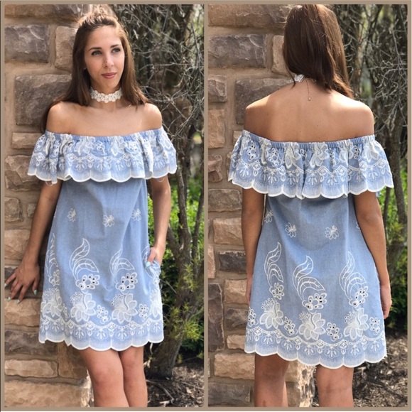 🌸 Off Shoulder Denim Vintage Slip Dress - Picture 2 of 5